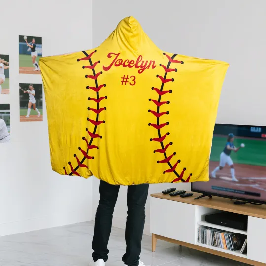Personalised Baseball Basketball Soft Polar Fleece Hooded Blanket with Name and Number Game Day Birthday Gift for Teammate Coach Ball Sports Lovers