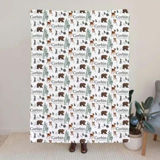 Personalised Woodland Animal Baby Receiving Blanket with Name Photo Prop Birthday Baby Shower Full Moon Hundred Days Gift for Newborns