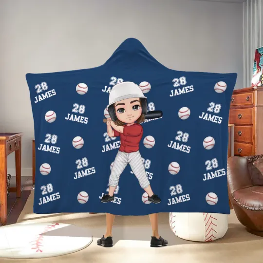 Personalised Cartoon Character Balls Soft Hooded Blanket with Name and Number Birthday Team Gift for Sports Lovers