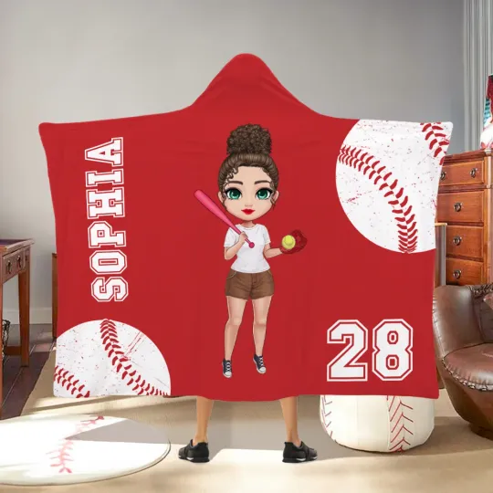 Personalised Multicolor Tennis Pickle Ball Sports Cartoon Character Soft Hooded Blanket with Name and Number Birthday Gift for Women Sports Lovers