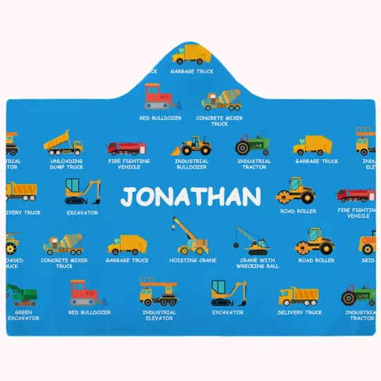 Personalised Construction Lorry Baby Hooded Blanket with Name Soft and Warm Christmas Birthday Gift for Kids