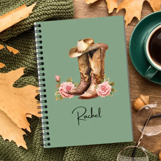 Personalised Cowgirl Hat Boots Birth Flower Notebook A5 Spiral Notebook with Name Initial 120 Lined Pages Wedding Birthday Gift for Bridesmaids Women