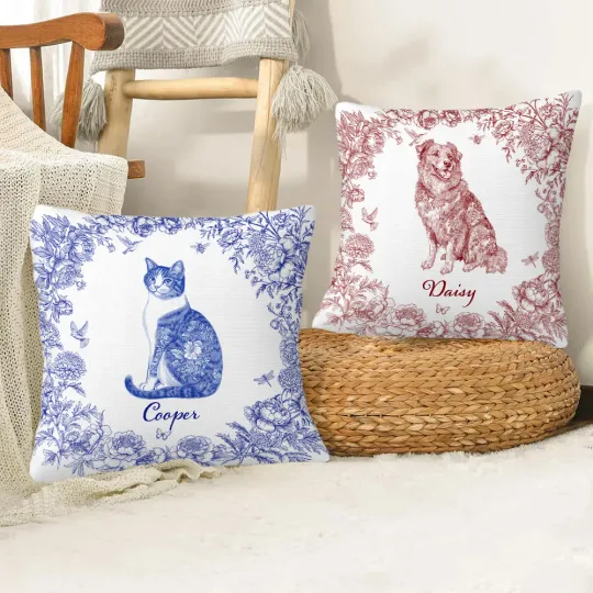 Personalised Toile De Jouy Design Dog Cat Throw Pillow Cover with Name Sympathy Sentimental Memorial Gift for Pet Owner