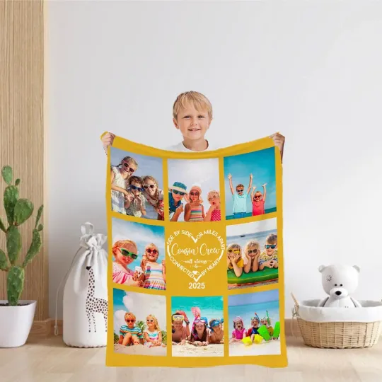 Personalised 8 Photo Collages Cousin Crew Heart Soft Throw Blanket with Year Home Decor Family Reunion Christmas Gift for Kids