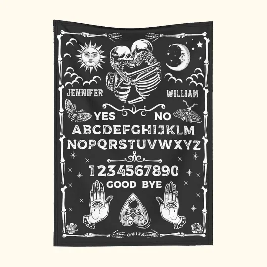 Personalised Sun Moon Hugging Skeleton Ouija Board Throw Blanket with Name Gothic Home Decor Halloween Wedding Gift for Couple Ouija Lovers