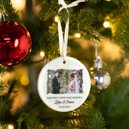 Personalised Double Sided Wedding Photo Ceramic Ornament with Name and Date Christmas Tree Decor Wedding Gift for Newlyweds
