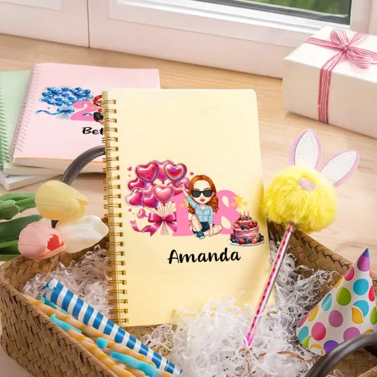 Personalised Cartoon Character Birthday Cake Balloon A5 Lined Page Spiral Notebook and Pom Pom Pen Set with Name and Age Birthday Gift for Girls Women
