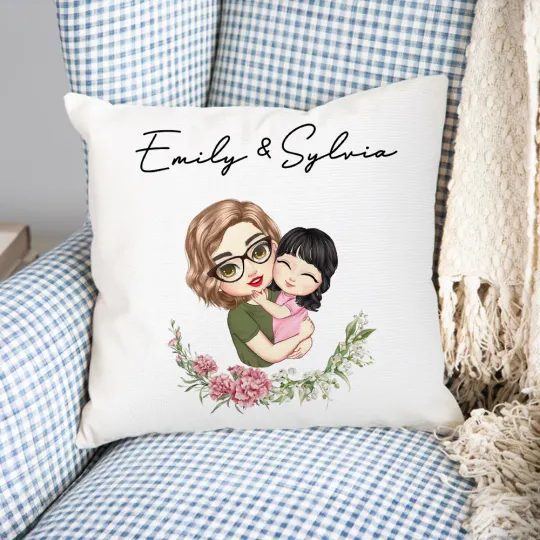 Personalised Mom and Kid Cartoon Character Throw Pillow Cover with Birth Flower and Name Mother's Day  Birthday Gift for Grandma Mom