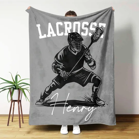 Personalised Silhouette Lacrosse Soft Throw Blanket with Name Home Decor Birthday Gift for Lacrosse Enthusiasts