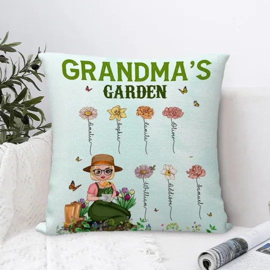 Personalised Birth Flower Garden Cartoon Character Throw Pillow Cover with Names Multicolor Home Decor Mother's Day Appreciation Gift for Grandma Mom