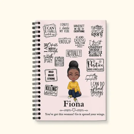Personalised Self Care Cartoon Girl Mom Grandma A5 Spiral Notebook with Name Quote and 120 Lined Pages Birthday Affirmation Gift for Women Girls
