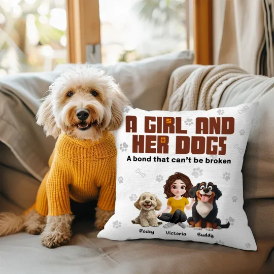 Personalised Unbreakable Bond 3D Cartoon Girl and Her Dogs Throw Pillow Cover with 1-5 Names Birthday Housewarming Gift for Dog Owners