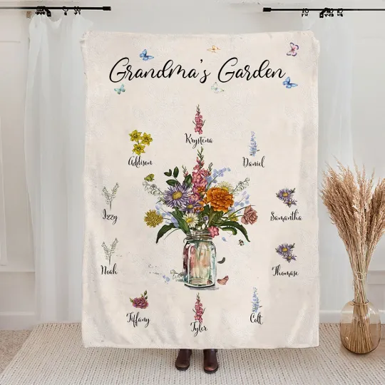 Personalised Birth Flower Garden Soft Throw Blanket with Title and Christmas Birthday Gift for Mom Grandma