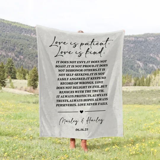 Personalised Love Is Patient Soft Throw Blanket with Names Valentine's Day Wedding Gift for Newlywed Couple