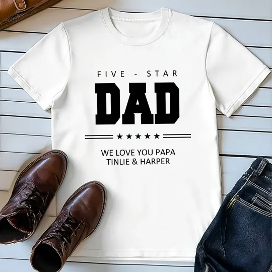 Personalised Five Star Design 100% Cotton Men's T-shirt with Title and Text Father's Day Birthday Gift for Dad Grandpa