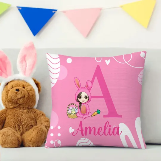 Personalised Bunny Costume Cartoon Character Initial Soft Throw Pillow Cover with Name Home Decor Easter Birthday Gift for Boys Girls