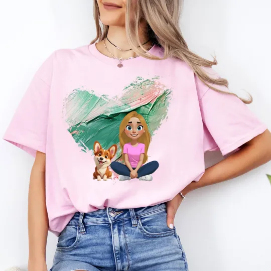 Personalised 3D Cartoon Dog and Girl T-shirt Sweatshirt Birthday Adoption Anniversary Gift for Dog Moms Dog Lovers