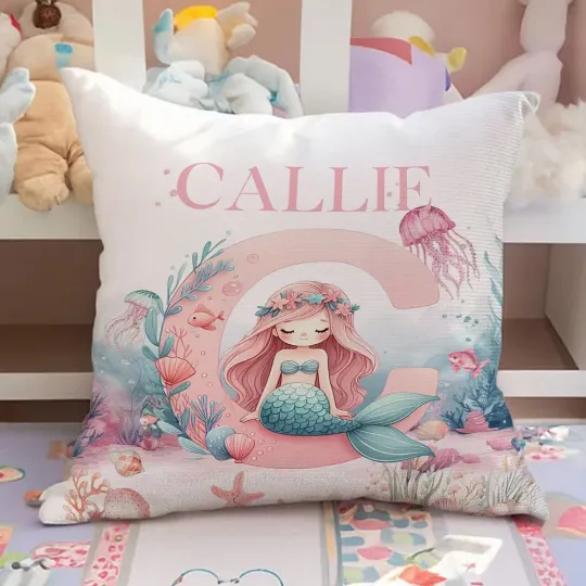 Personalised Fantasy Mermaid Throw Pillow Cover with Initial and Name Home Decor Birthday Baby Shower Gift for Kids