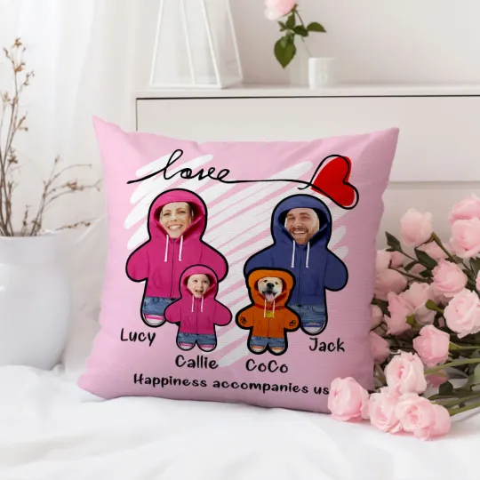 Personalised Love Heart 1-6 Cartoon Hoodie Face Photo Throw Pillow Cover with Names Home Decor Birthday Valentine's Day Gift for Couple Family