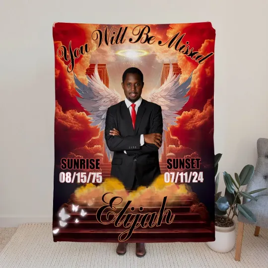 Personalised Heaven Angel Wings Memorial Throw Blanket with Photo and Name Remembrance In Loving Memory Sympathy Gift for Loss of Loved One