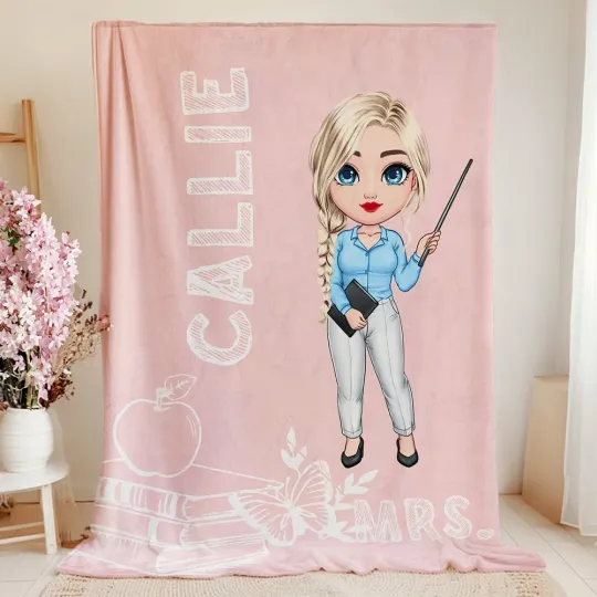 Personalised Multicolor Apple Cartoon Character Soft Throw Blanket with Name and Title Appreciation Teacher's Day Birthday Gift for Teacher