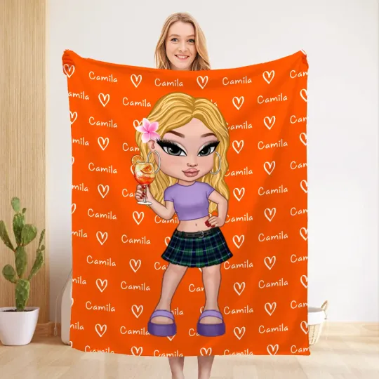 Personalised Cartoon Y2K Girl Cozy Soft Throw Blanket with Name Home Decor Birthday Gift for Women Girls