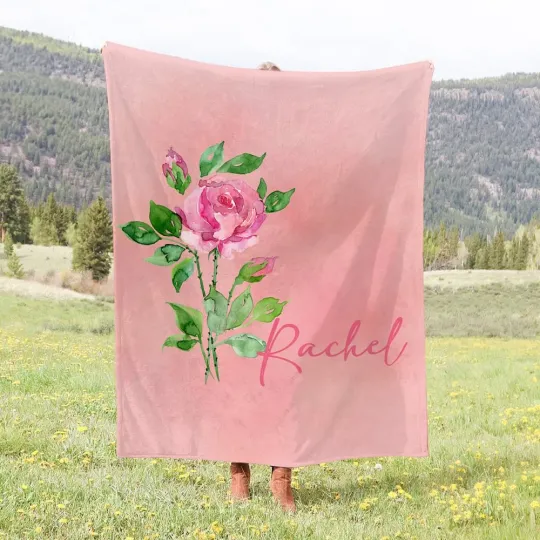 Personalised Birth Flower Soft Throw Blanket with Name Birthday Bachelorette Party Gift for Women