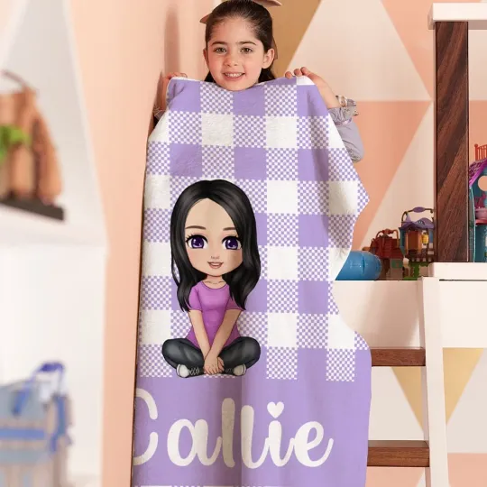 Personalised Multicolor Grid Cute Cartoon Character Soft Throw Blanket with Name Birthday Christmas Gift for Girls Boys Family