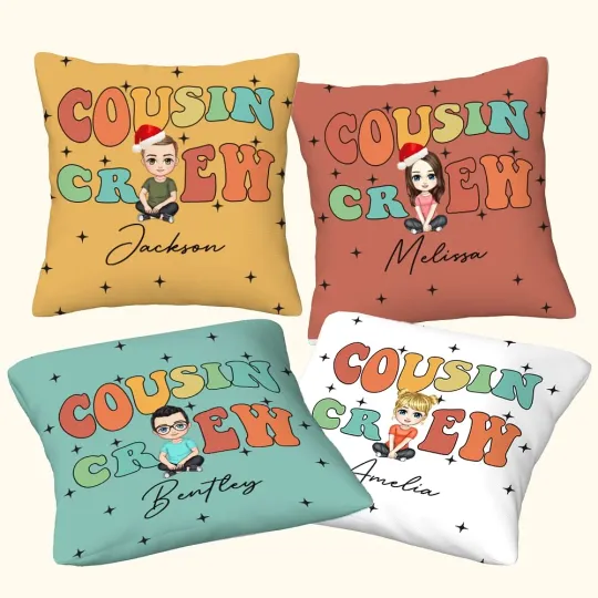 Personalised Cousin Crew Cartoon Character Soft Throw Pillow Cover with Name Home Decor Christmas Gift for Family