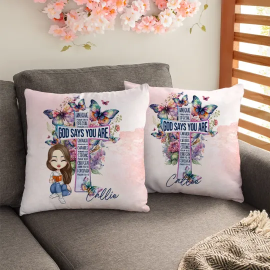 Personalised Cartoon Character God Says You Are Cross Butterfly Throw Pillow Cover with Name Birthday Home Decor Gift for Christians