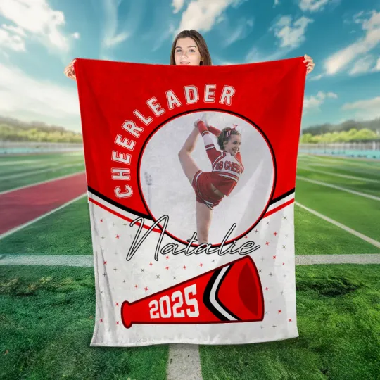 Personalised Game Day Cheerleader Megaphone Soft Photo Throw Blanket with Name and Year Home Decor Birthday Team Gift for Cheerleaders