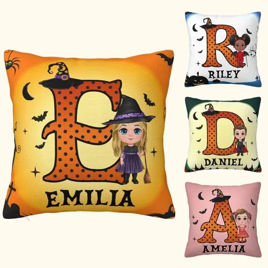 Personalised Cartoon Cartoon Vampire Witch Soft Throw Pillow Cover with Initial and Text Home Decor Halloween Gift for Boys Girls