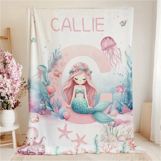 Personalised Jellyfish Shell Mermaid Soft Throw Blanket with Name Birthday Baby Shower Gift for Newborn Girls