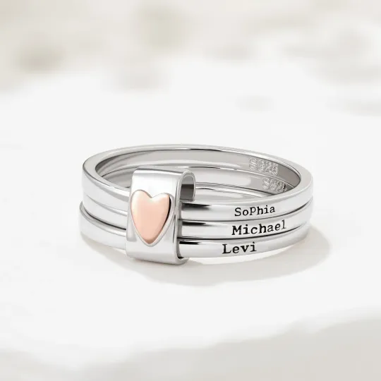 Personalised Sterling Silver Heart Women Stacking Rings with Engraved 2-5 Names Family Jewellery Mother's Day Birthday Gift for Mom Grandma
