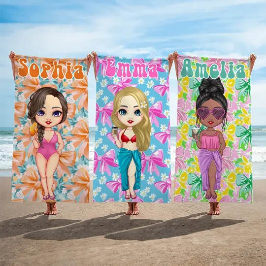Personalised Floral Bow Cartoon Character Quick Dry Oversized Beach Towel with Name Beach Party Summer Vacation Gift for Swimming Lovers