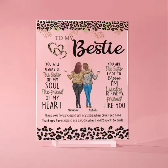Personalised 2-6 Leopard Cartoon Besties Back View Transparent Acrylic Plaque with Base and Names Desk Decor Friendship Birthday Gift for Friends