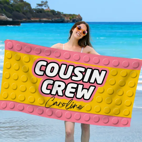 Personalised Pixel Style Cousin Crew Quick Dry Oversized Beach Towel with Name Summer Travel Essential Beach Party Gift for Family Kids