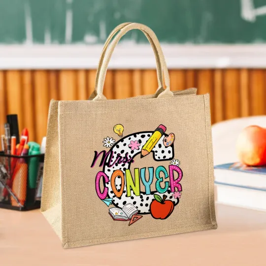 Personalised Pencil Apple Spotted Initial Large Jute Tote Bag with Name Teacher's Day Appreciation Birthday Gift for Teacher
