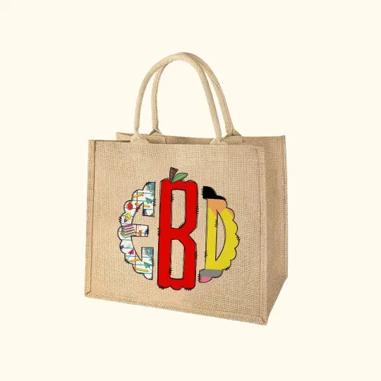 Personalised Doodle Apple Pencil Monogram Jute Tote Bag Teacher's Day Appreciation Gift for Teacher