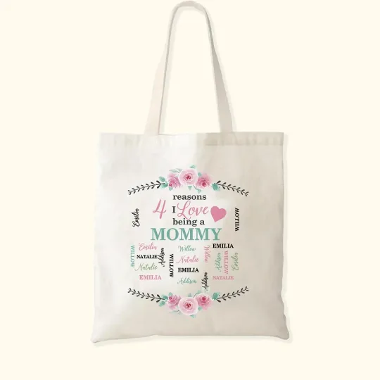 Personalised I Love Being A Mommy Canvas Tote Bag with Title and 1-20 Kid Names Mother's Day Gift for Women
