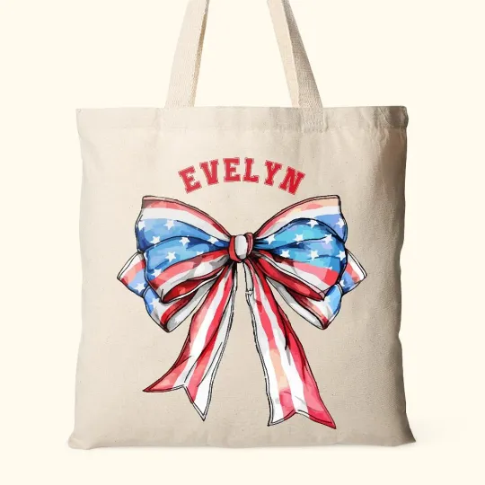 Personalised American Flag 1776 Bow Tie Canvas Tote Bag with Name 4th of July Independence Day Gift for Family Friend