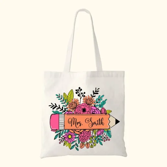 Personalised Helping Little Minds Grow Flowers Pencil Canvas Tote Bag with Name Teacher's Day School Season Gift for Teacher