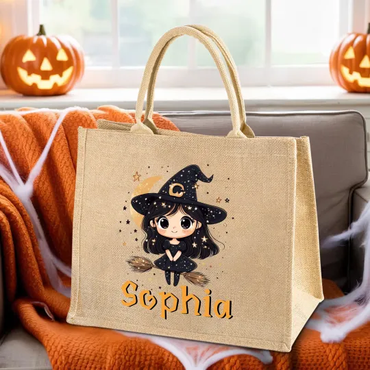 Personalised Cute Cartoon Witch Jute Tote Bag with Name Halloween Party Gift for Girls Women