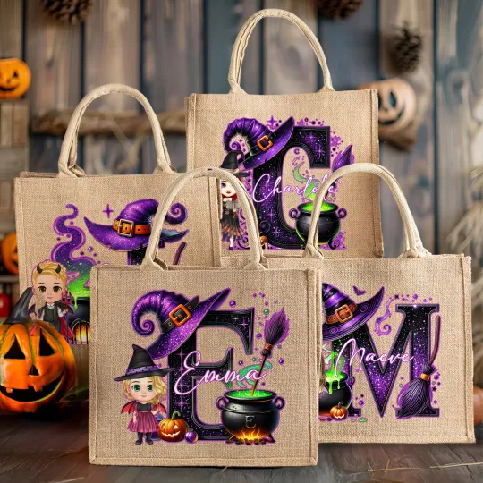 Personalised Halloween Witch Hat Initial Cartoon Character Large Jute Tote Bag with Name Travel Halloween Travel Birthday Gift for Women Kids