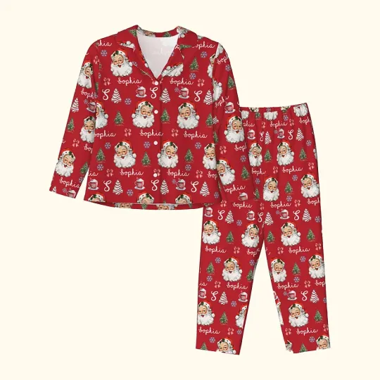 Personalised Santa Claus Pine Tree Snowflakes Long-Sleeve Pajama Set with Name and Initial Soft Skin-friendly Christmas Gift for Women