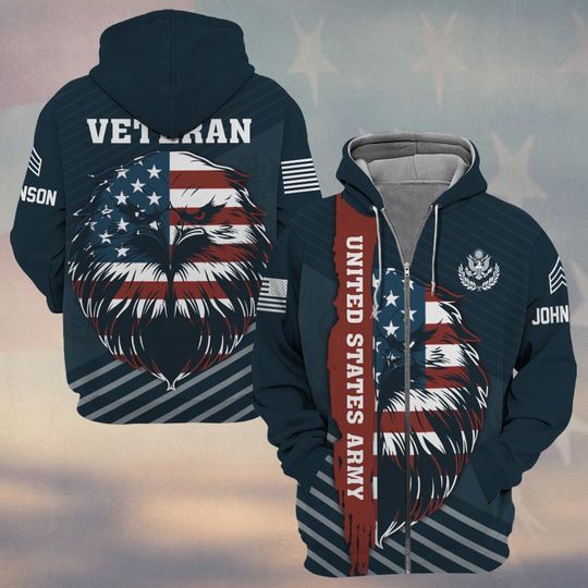 Customized US Veteran Proudly Served 3D Zip Hoodie