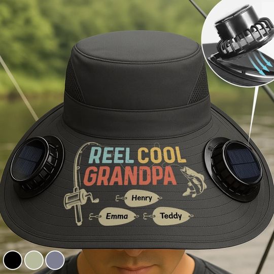 Custom Hat With Fans Solar Power - Personalized Birthday Fishing Gifts For Fisherman, Dad, Grandpa - Reel Cool Grandpa