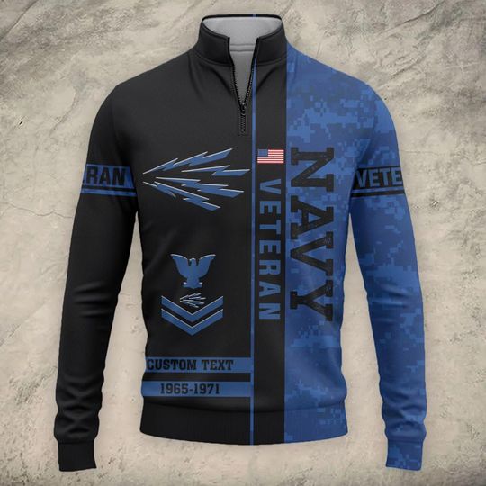 Customized US Navy Ratings Veteran Proudly Served Zip Neck Sweater