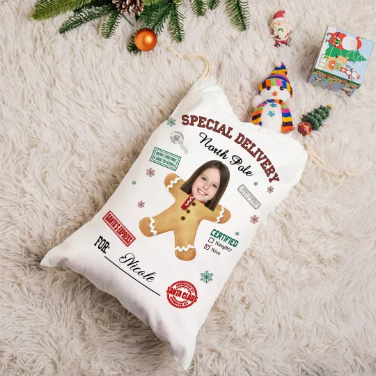 Personalized Special Delivery North Pole Santa Claus Canvas Drawstring Gift Bag