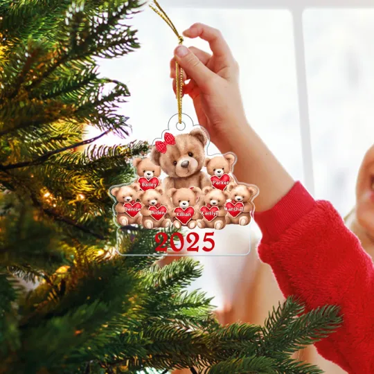 Personalized Mama Bear and Kids Bear Clear Acrylic Ornament with 1-10 Names and Year Christmas Tree